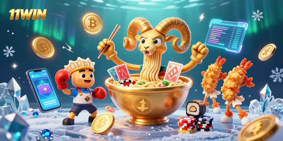 Engage in thrilling actions at 11WIN with vibrant casino characters and crypto elements.
