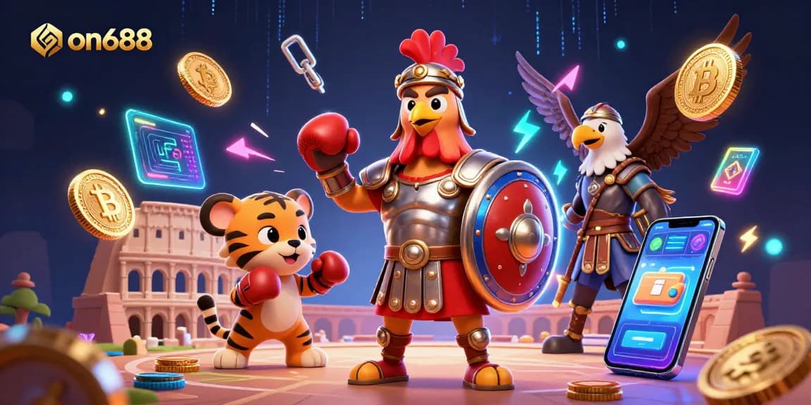 Experience thrilling action with on688 in a vibrant 3D digital casino scene featuring gladiator rooster and tiger cub.