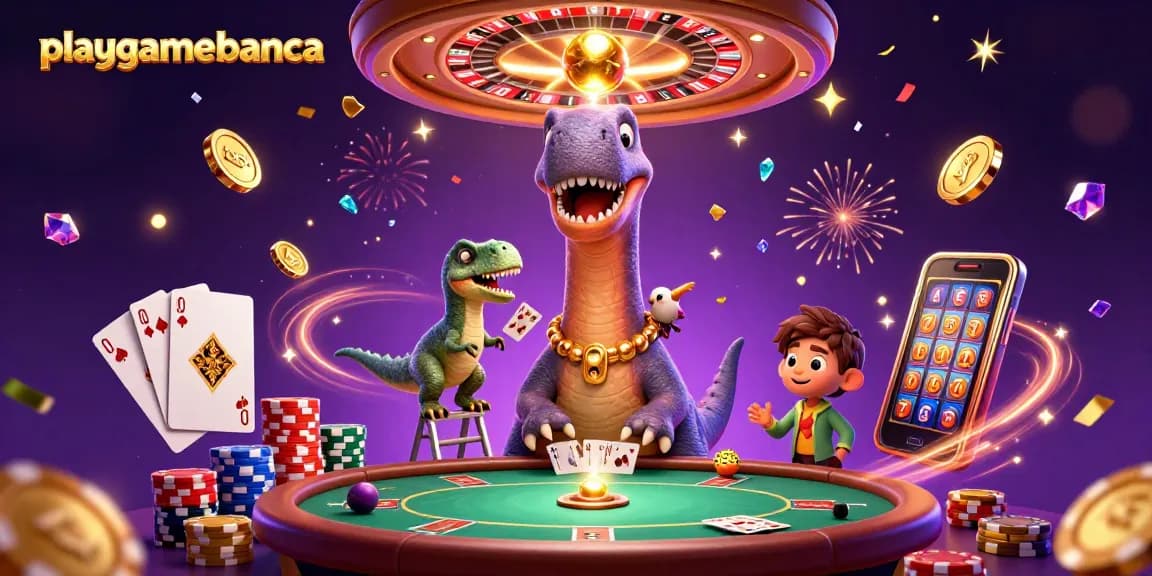 Experience excitement at playgamebanca with a dynamic casino scene featuring vibrant characters and gambling elements.