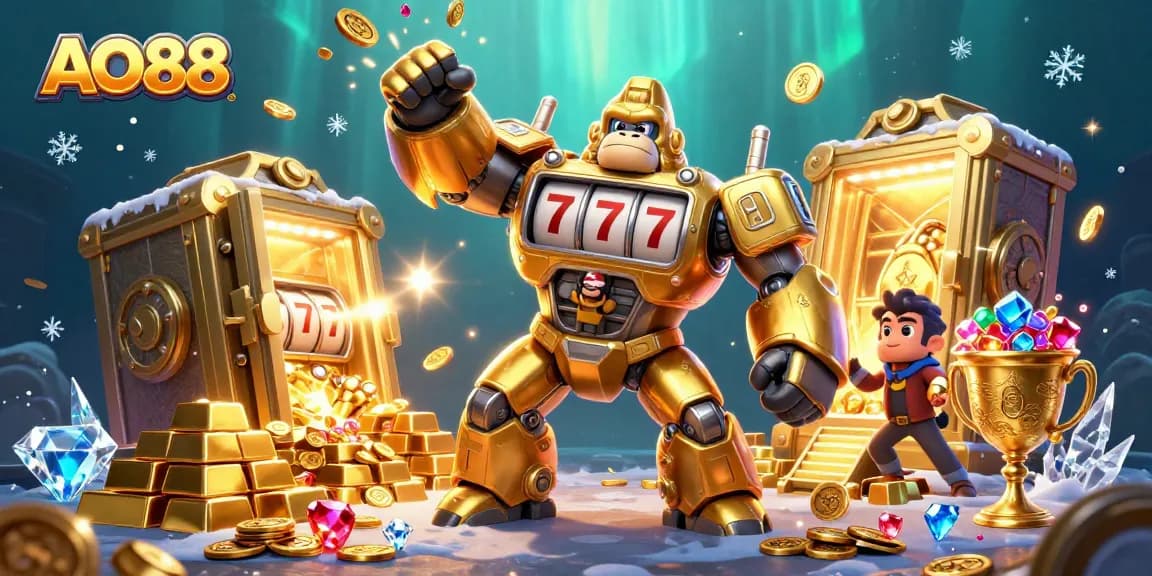 Experience thrilling wins at AO88 with a dynamic 3D casino scene featuring golden game elements and vibrant characters.