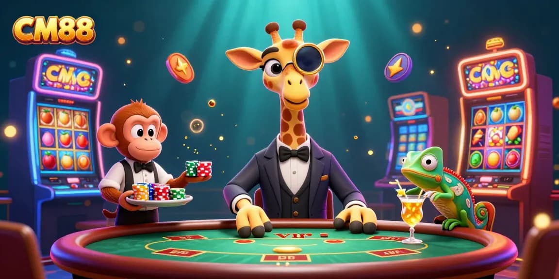 Play casino games at CM88 with a cartoon giraffe in a VIP setting, thrilling gambling atmosphere.