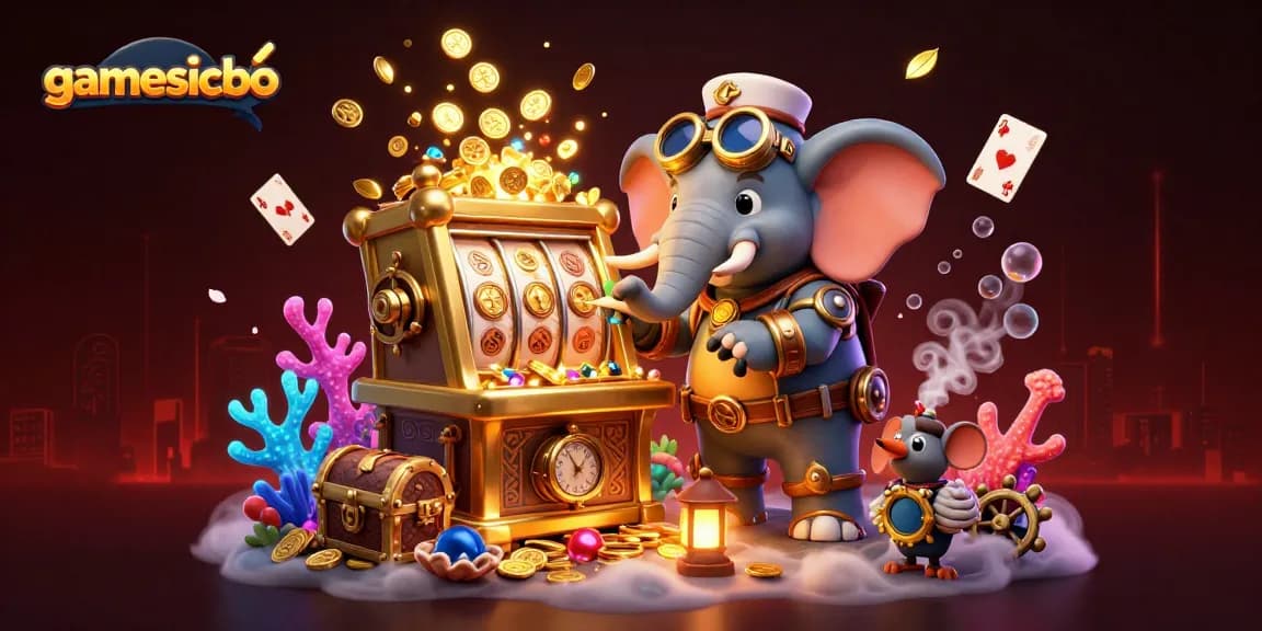 Spinning the golden slot machine with gamesicbo theme featuring steampunk elements and vibrant underwater treasures.