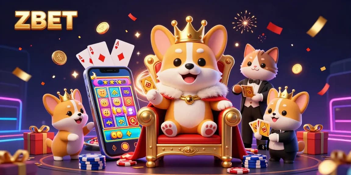 ZBET presents an exciting casino scene with a royal corgi on a poker chip throne alongside lively characters.