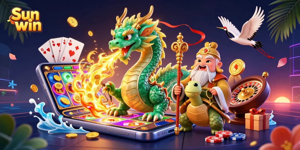 Experience thrilling gameplay with Sun win's dynamic 3D illustration featuring dragons, turtles, cranes, and vibrant casino elements.
