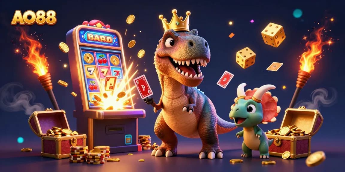 AO88 brings excitement as a T-Rex shuffles cards, surrounded by vibrant slots and overflowing jackpots.
