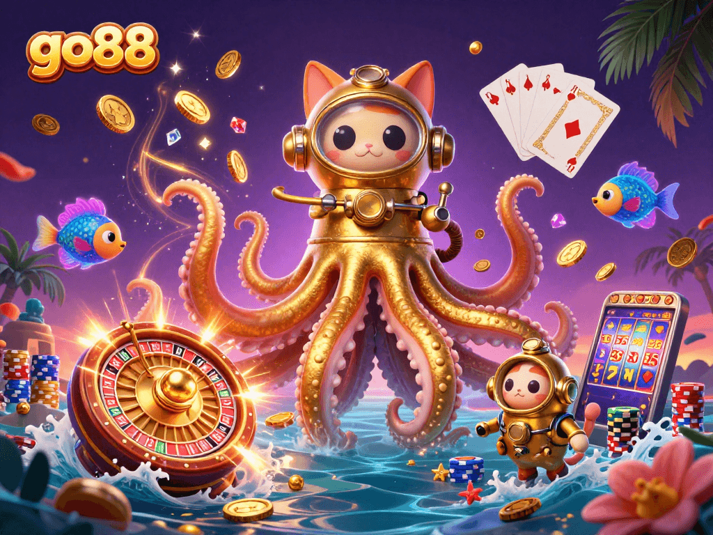 Engage in thrilling play at go88 with a kraken and diving cat amidst vibrant casino elements.
