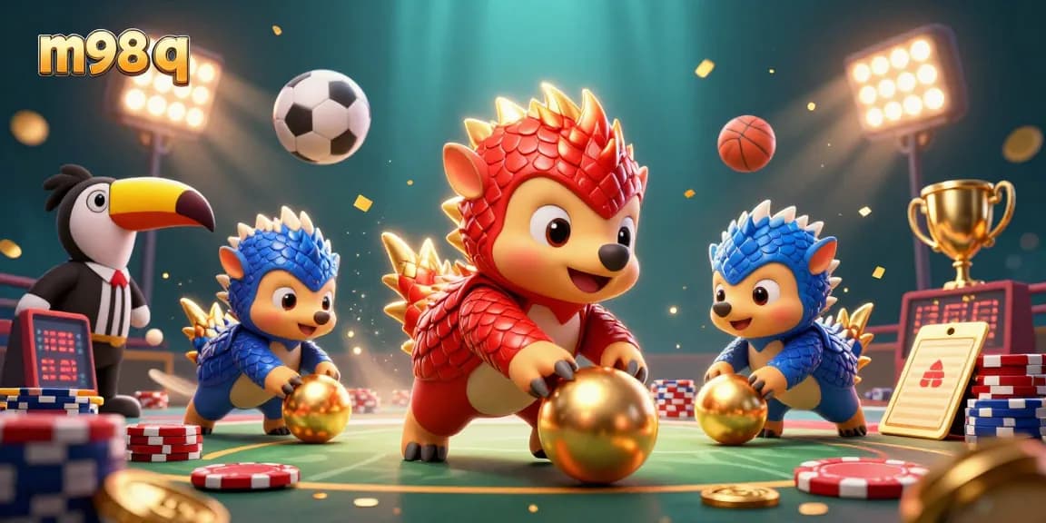 Compete in m98 q inspired games as a rival pangolin duo rolls through poker chips amidst sports elements.