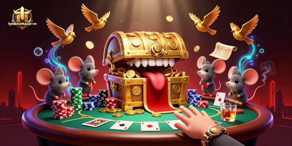 Engage with tylekeonhacai-vn in this vibrant 3D casino scene featuring poker elements and adventure.