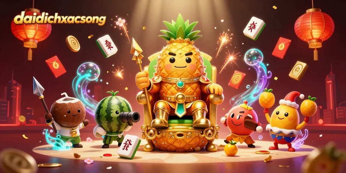 Engage with daidichxacsong, a vibrant scene highlighting a golden pineapple king and dynamic casino elements.