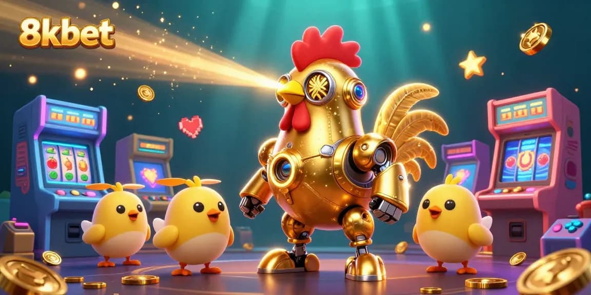 Experience thrilling gameplay with 8xbet's vibrant scene of the golden rooster robot and baby chick drones amidst arcade machines.