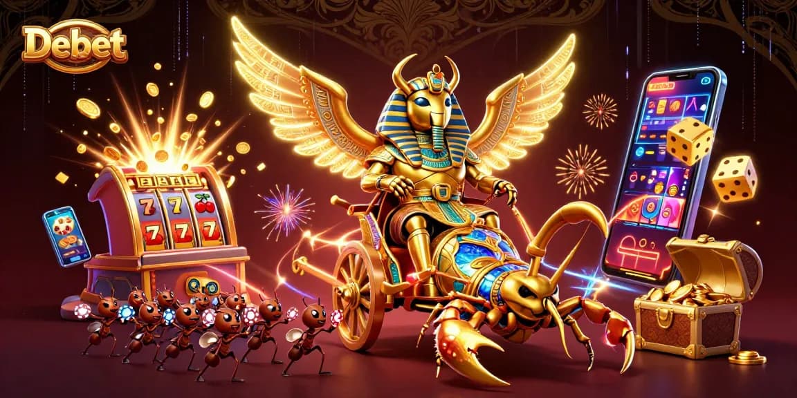 Engage with Debet and explore this vibrant casino scene featuring a golden scarab and jackpot elements.
