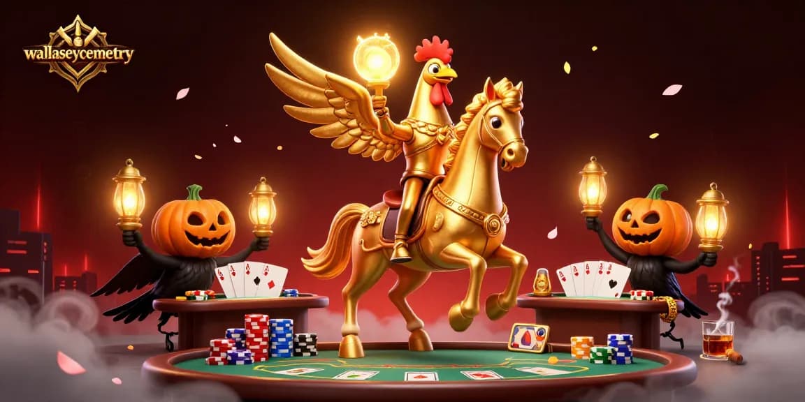 Engage with wallaseycemetery's vibrant casino atmosphere as its golden rooster character dazzles.