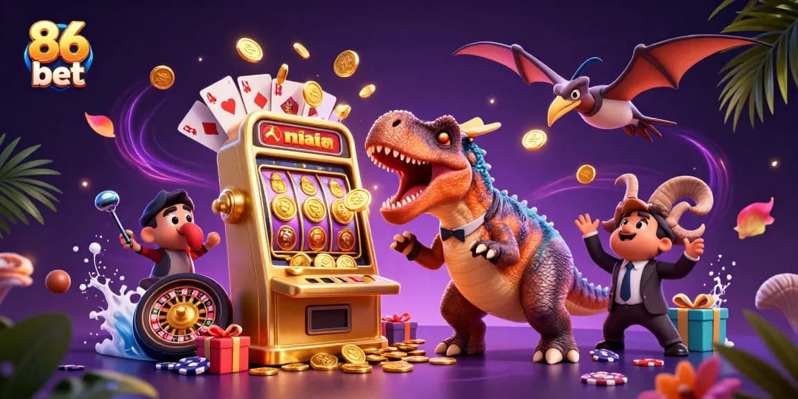 Watch 86 bet players win jackpots as a dinosaur celebrates at a vibrant online casino scene!