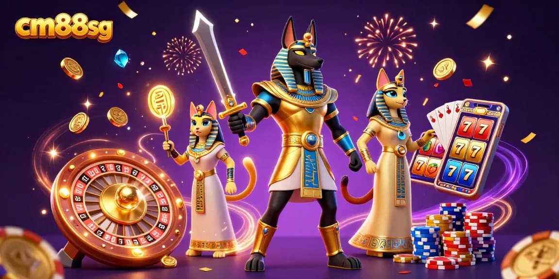 Engage with cm88sg for thrilling slot games featuring Anubis and Bastet amidst cascading coins.