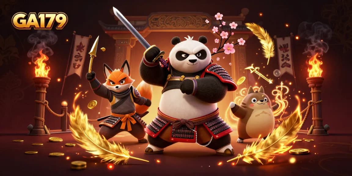 GA179 features a dynamic scene with a samurai panda and ninja fox in an energetic gaming arena.