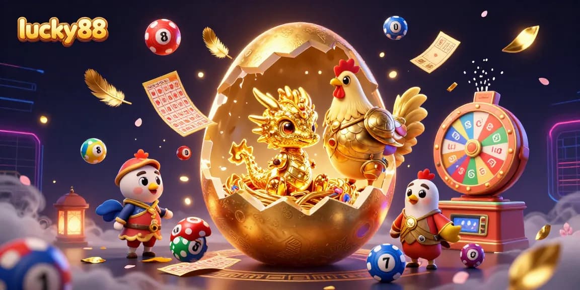 Engage with lucky88 through vibrant 3D illustration showcasing a golden dragon and casino elements.