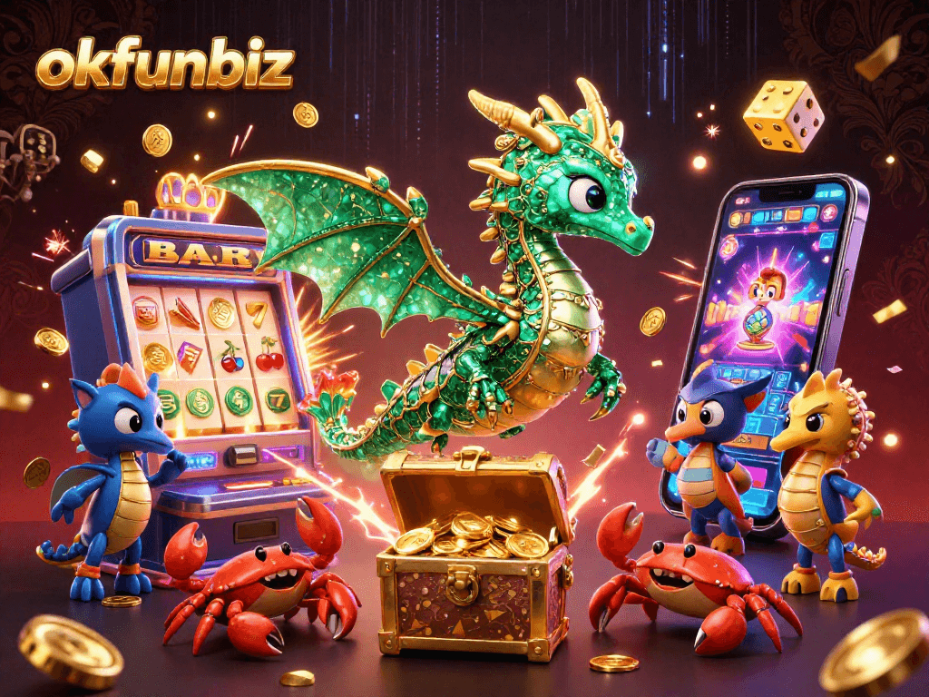 Experience excitement with okfunbiz in this vibrant casino-themed 3D illustration.