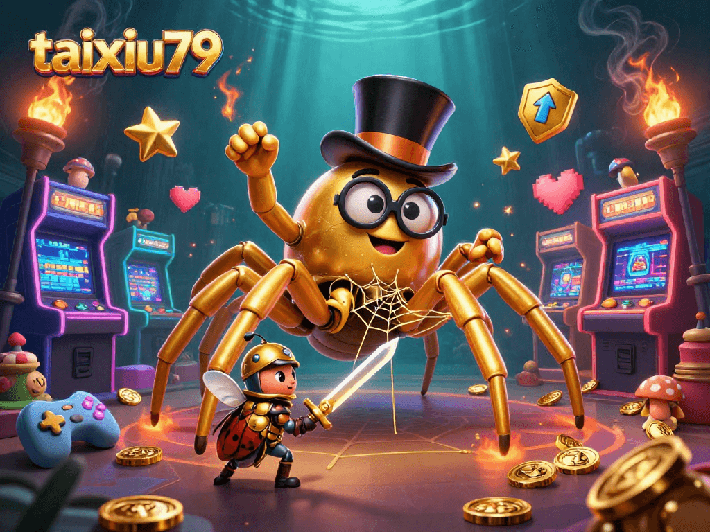 Experience the vibrant world of taixiu79 with the golden tarantula and beetle knight in a dynamic casino art scene.