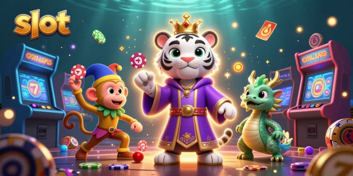 Engage with dynamic slot action featuring a majestic white tiger and a golden monkey in a vibrant casino scene.