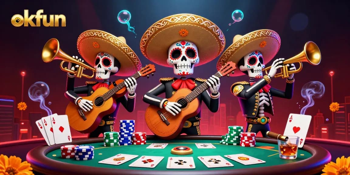 Engage with okfun's vibrant casino atmosphere featuring skeleton mariachi band and poker excitement.