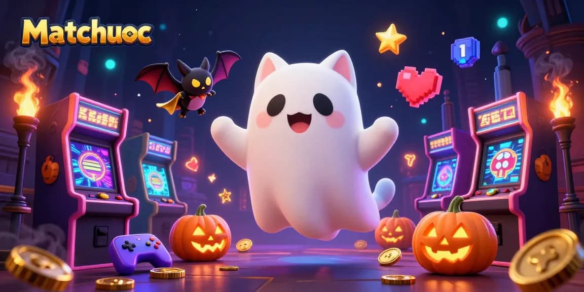 Engage in thrilling gameplay at matchuoc with a ghost cat and arcade fun in a haunted setting.