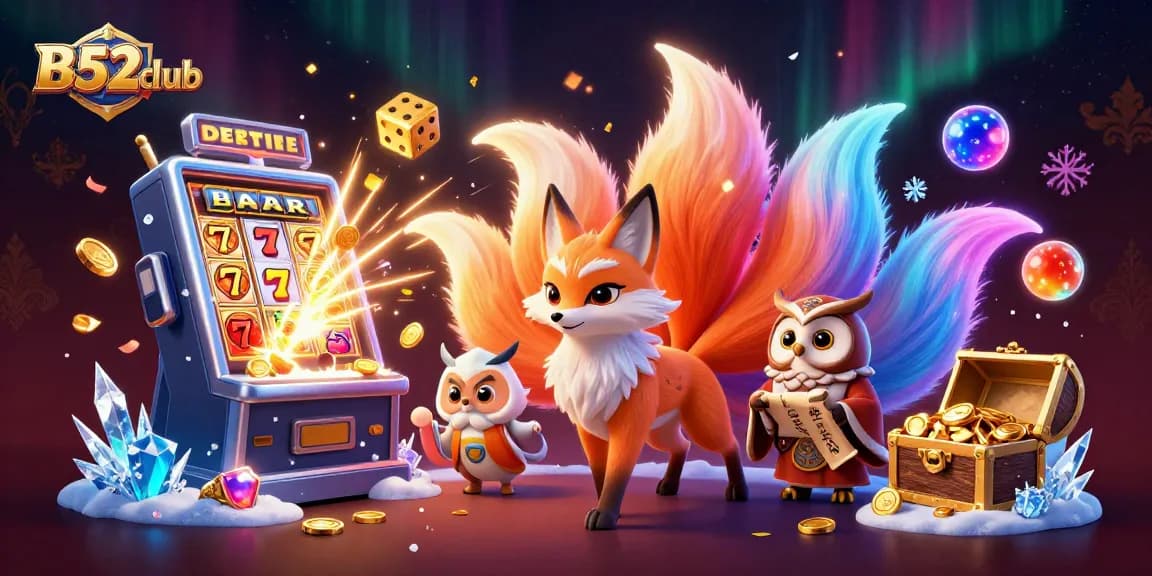Engage in thrilling gameplay at B52club featuring a cartoon fox, owl, and bursting jackpot elements.