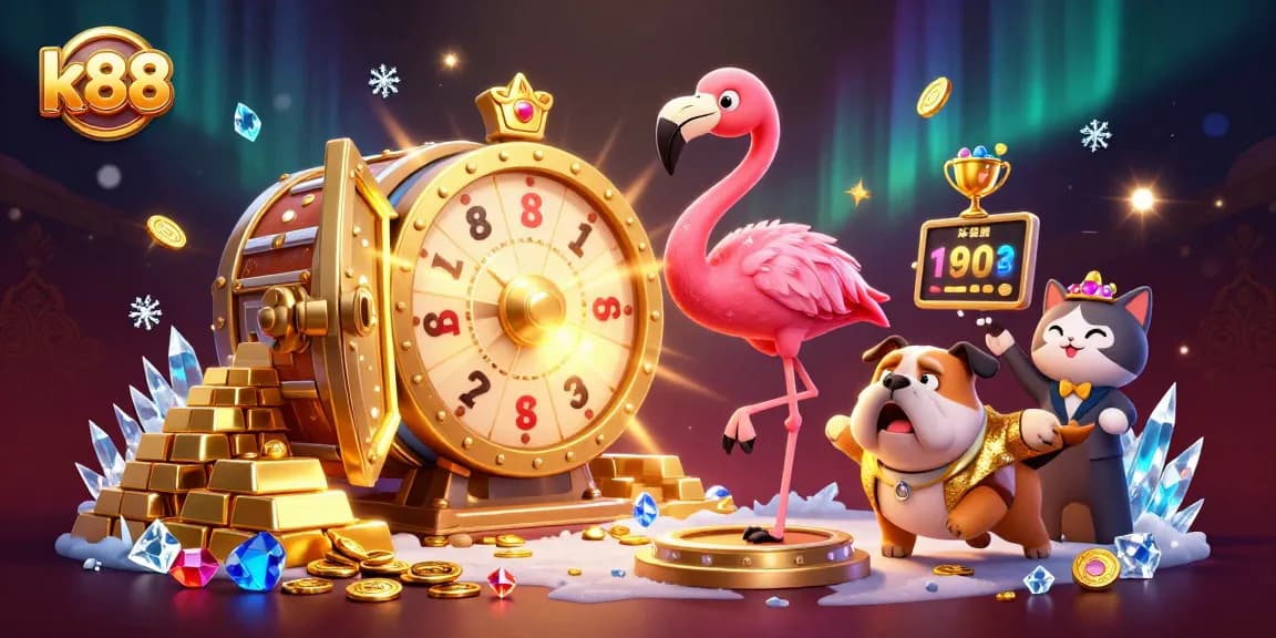 k88 players winning big at an exciting casino game show with gold prizes and vibrant details