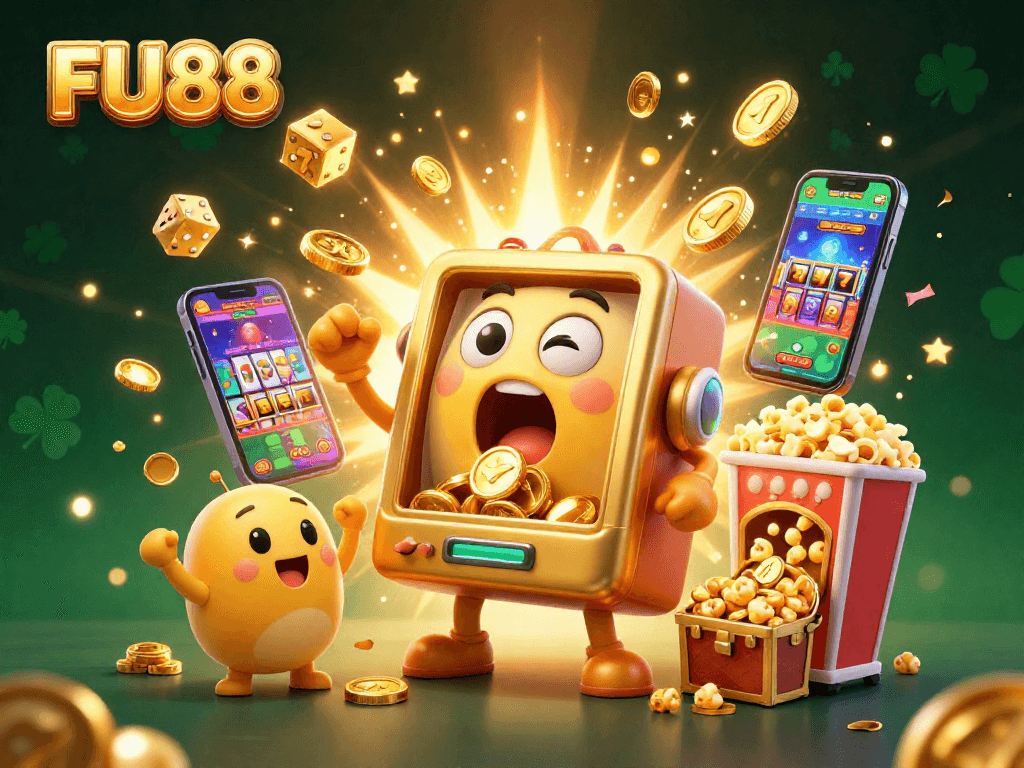 Experience the excitement of FU88 with a 3D slot machine hitting the jackpot and coins flying everywhere!