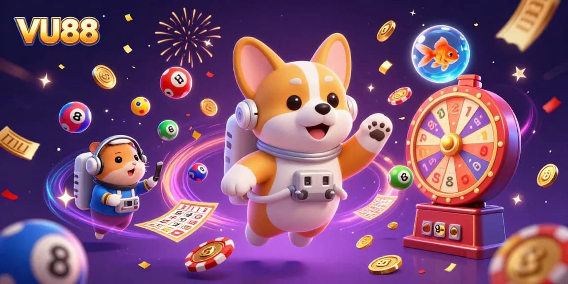 Experience VU88's exciting casino world with a corgi astronaut and vibrant gaming elements!