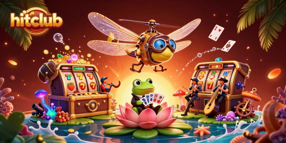 Engage in hitclub games with a lively dragonfly pilot and frog dealer in a vibrant casino scene.