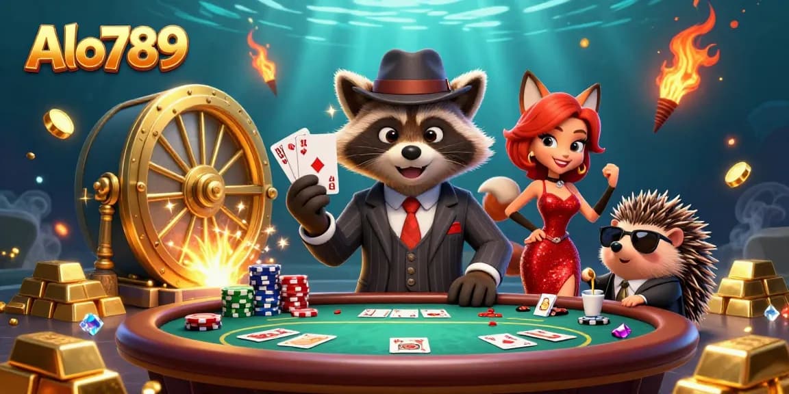 Alo789 players enjoying a dynamic poker scene filled with gold bars, poker chips, and exciting atmosphere.