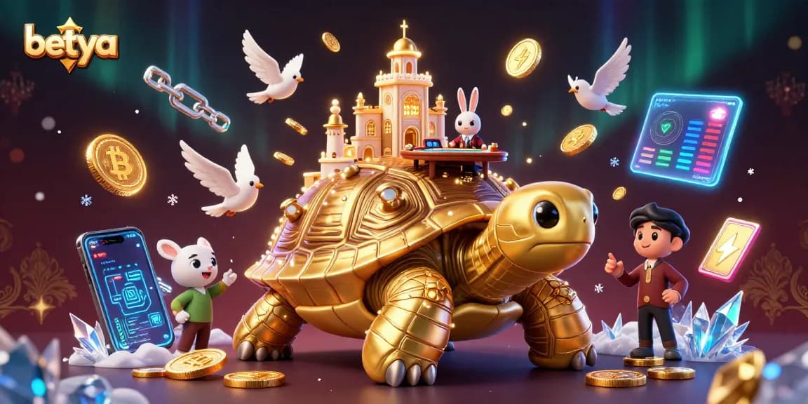 Experience the excitement at betya with a golden tortoise casino and rabbit dealer amidst dazzling elements.