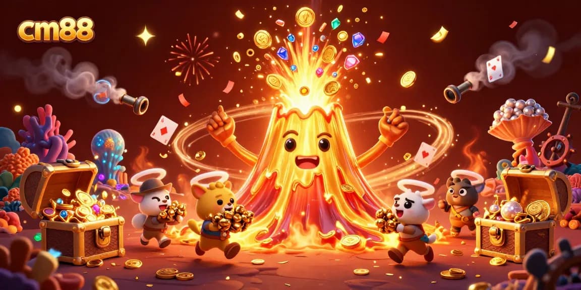 Experience exhilarating wins at cm88 with a 3D golden volcano erupting treasures in a vibrant casino scene.