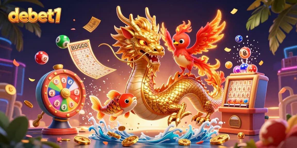 Engage with debet1 in a vibrant 3D casino scene featuring a dragon, phoenix, and koi fish.