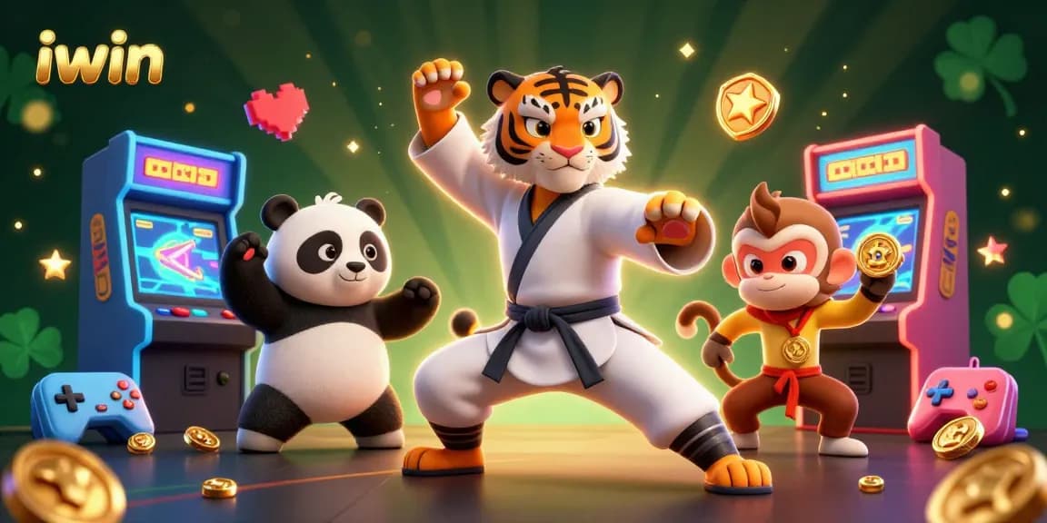 Experience iwin's vibrant casino allure with cartoon characters in a lively 3D gambling scene.