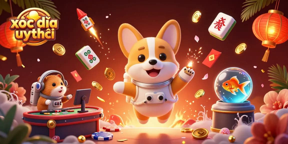Experience xóc đĩa uy tín with a dynamic 3D illustration of games and fun elements surrounding an astronaut corgi and friends.