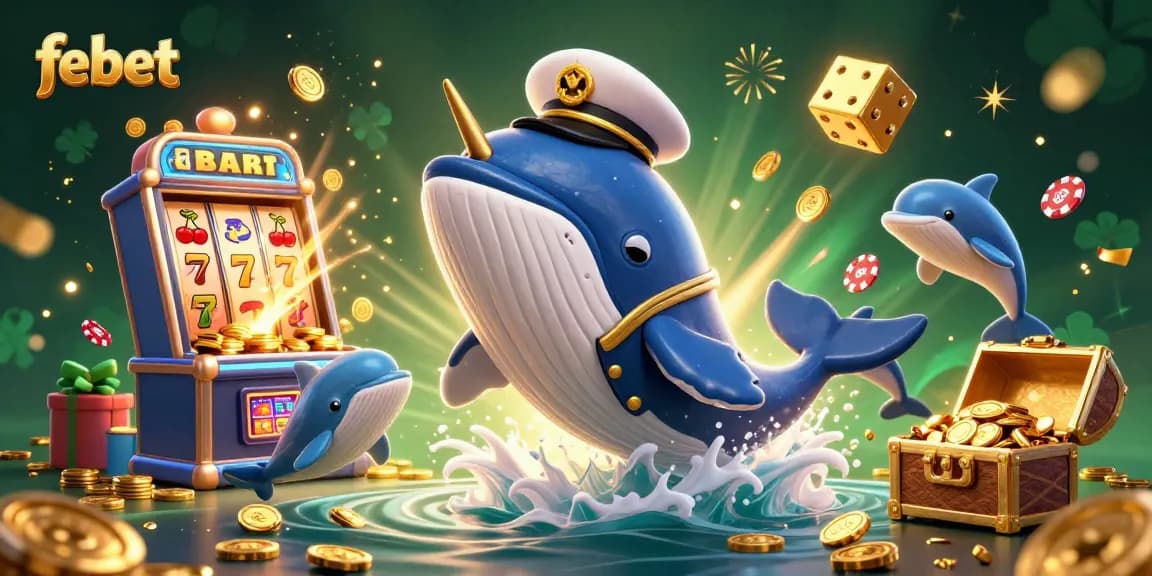 febet players celebrate big wins in a vibrant 3D casino scene featuring whales and coins.