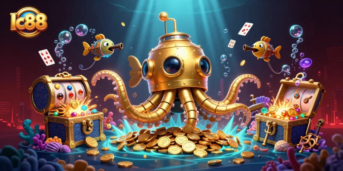 Engage with the vibrant lc88 gaming world featuring a kraken submarine and riches.