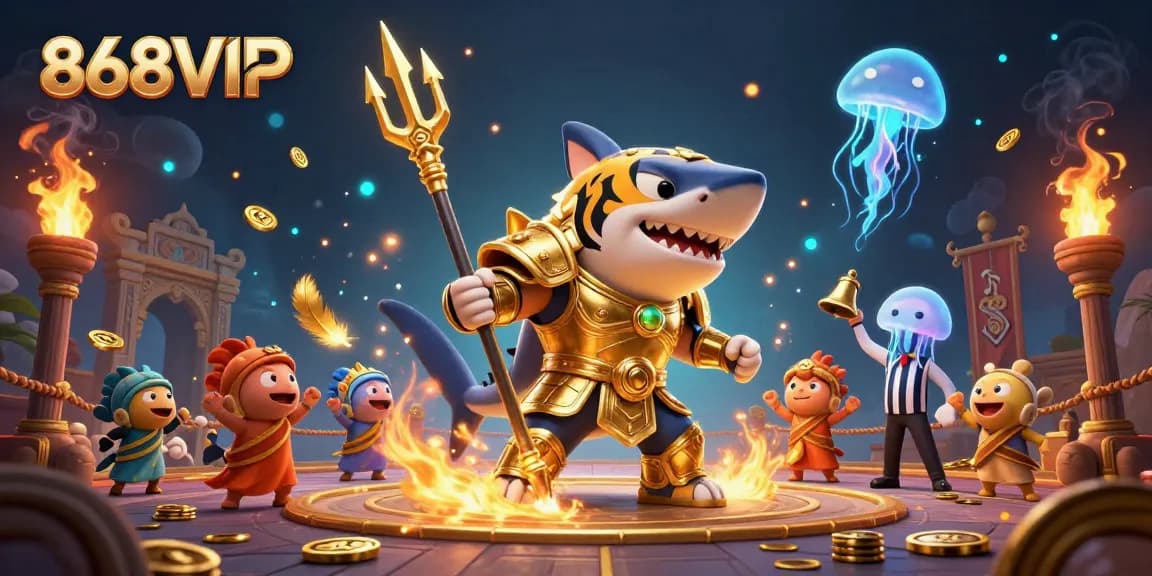 Experience thrilling 868VIP gameplay with a colorful underwater scene featuring a cartoon shark in gladiator armor.