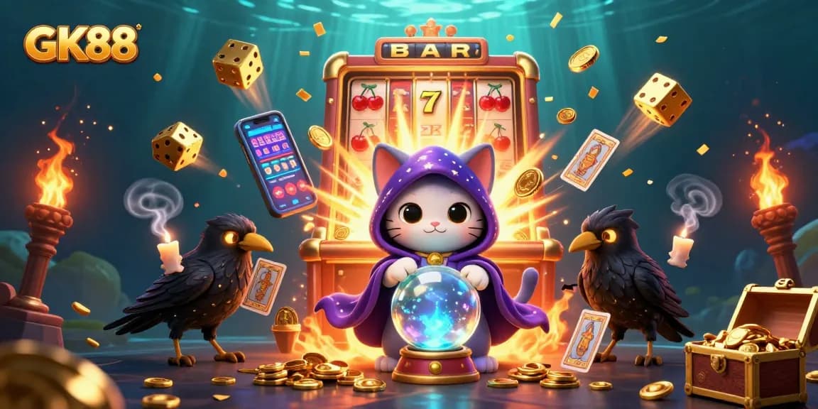 Experience GK88 casino thrills with a fortune teller cat, raven, and dynamic slot machine action.