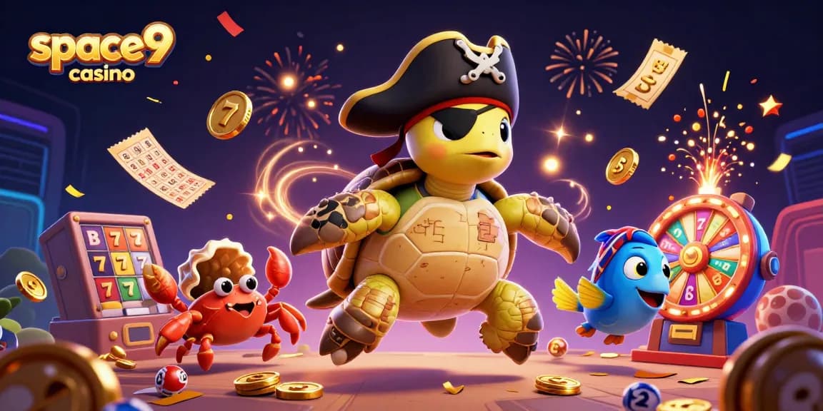 Spin to win at space9 casino with the pirate turtle and treasure in a vibrant 3D illustration.