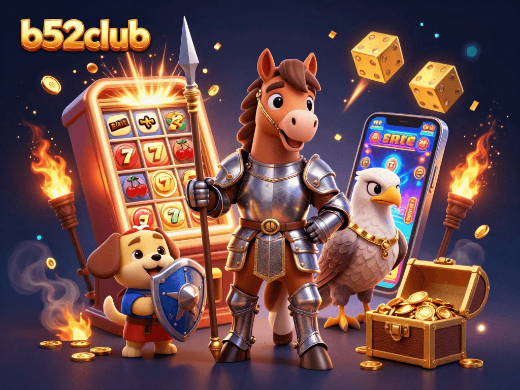 Battle for jackpots at b52club with a knight, squire, and falcon amidst casino treasures.