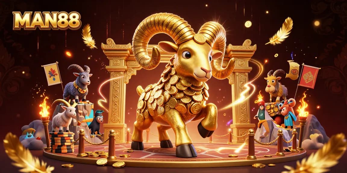 Experience excitement at MAN88 with a colossal golden ram charging through a vibrant casino arena filled with coins and game elements.
