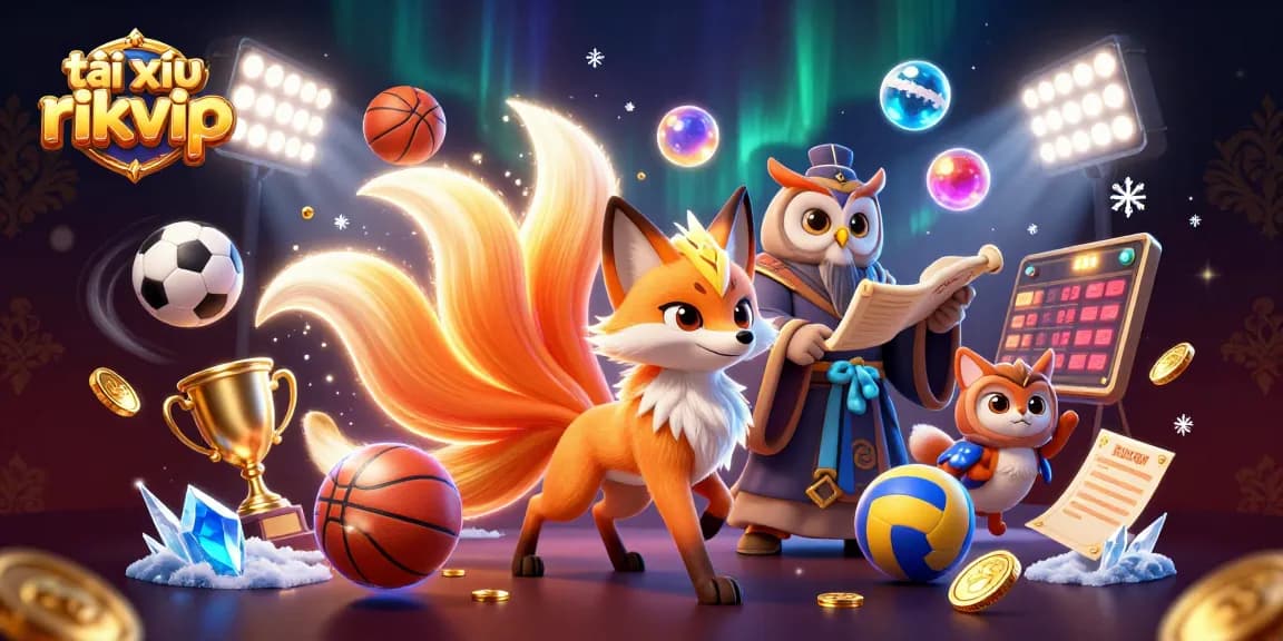 Experience the excitement of tài xỉu rikvip in a vibrant scene featuring sports elements, mystical characters, and dynamic effects.