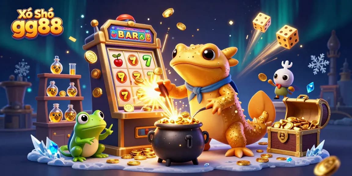 Xổ Số gg88 showcases a vibrant scene with a golden salamander alchemist, lucky symbols, and rich gold elements.