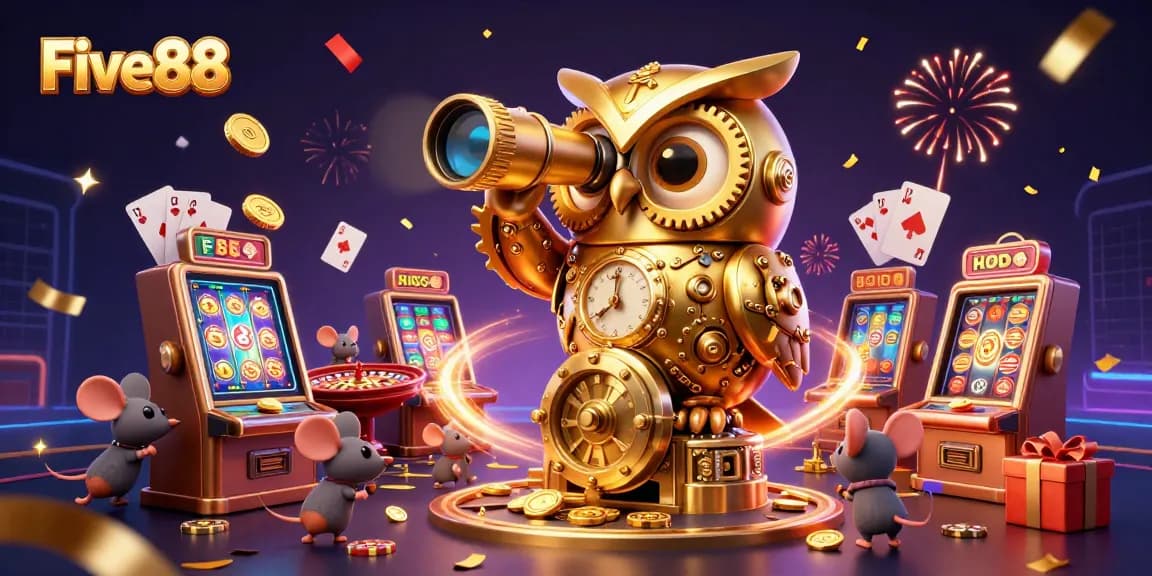 Experience the thrilling gaming world at Five88 with a vibrant 3D casino illustration showcasing dynamic elements.