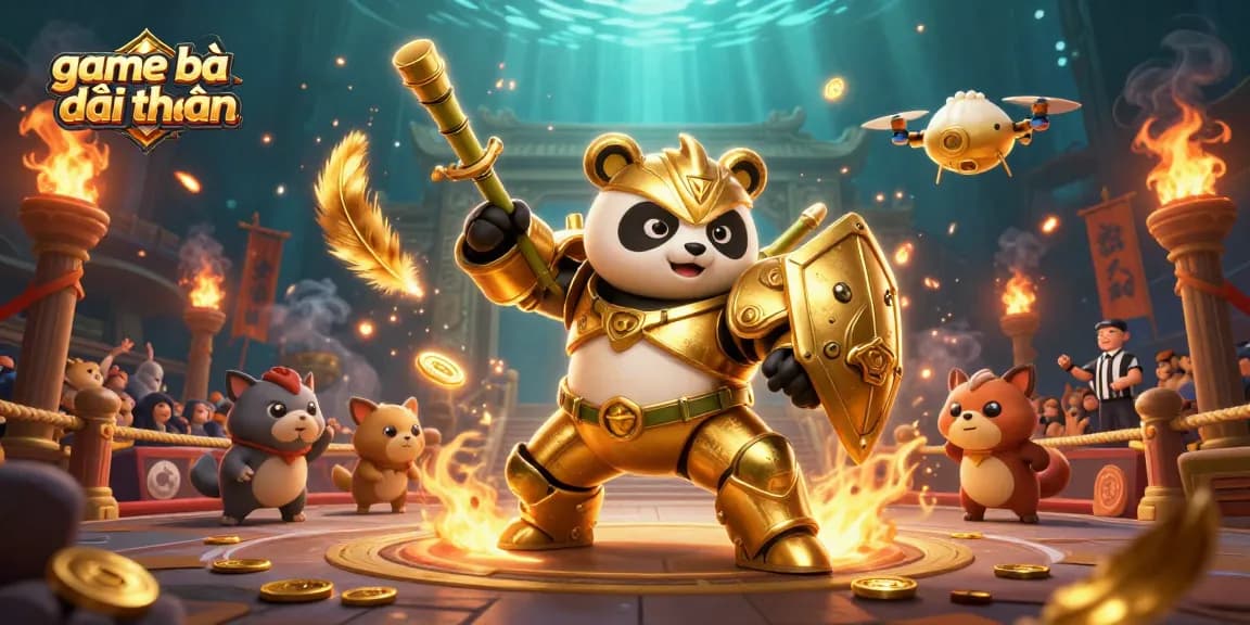 Engage with thrilling game bài đổi thưởng action featuring a golden panda robot in a vibrant arena.