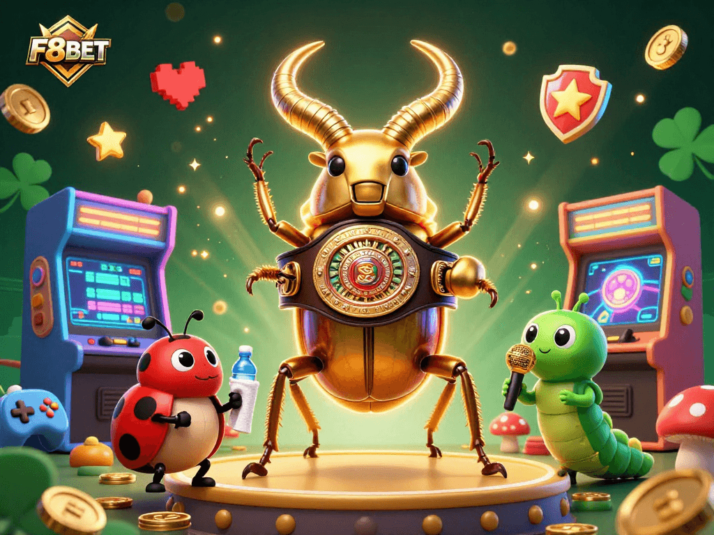 Engage with F8BET's thrilling casino atmosphere featuring a golden stag beetle boxing champion.