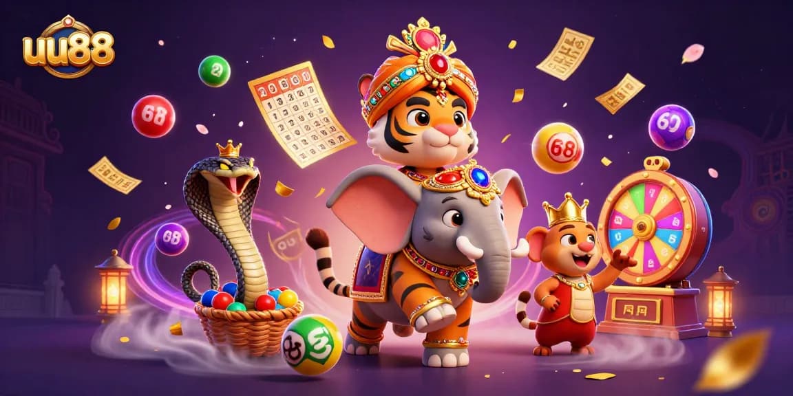 Experience the excitement of uu88 casino with a vibrant, dynamic illustration featuring a majestic maharaja tiger, an elephant, and thrilling lottery elements.