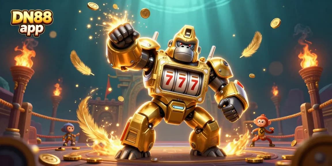 Experience thrilling gaming with DN88 app featuring a dynamic golden gorilla mech and captivating casino elements.